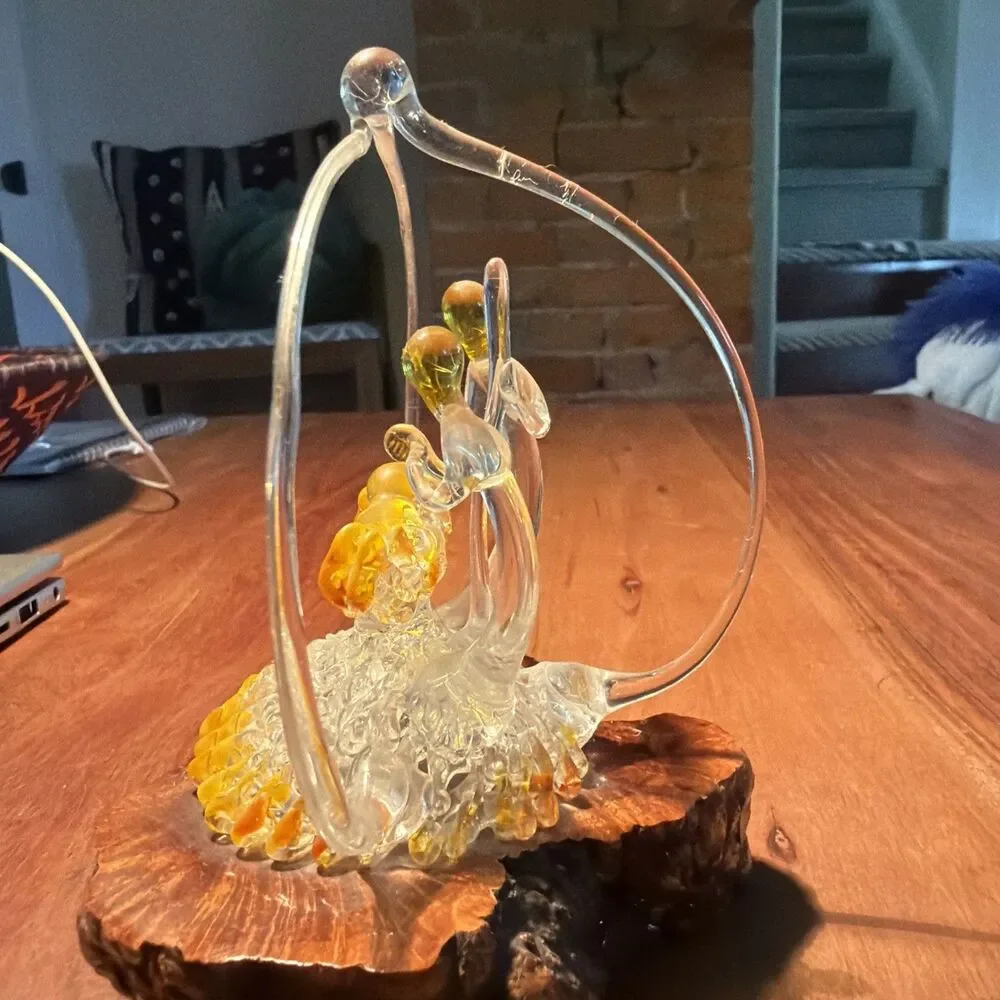 Vintage Spun Lamp Glass Nativity Scene On Live Edge Wood Block- 5.5”x4.5”